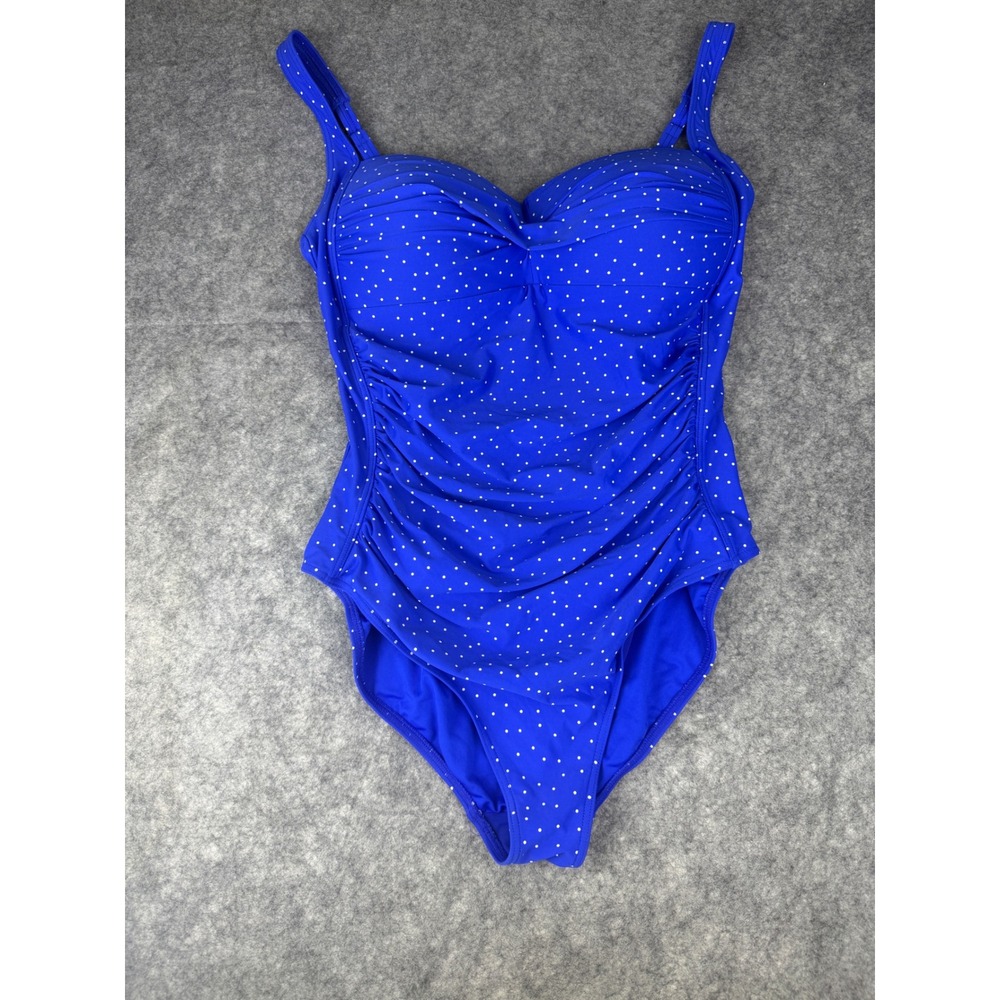 Nip Tuck Swim Blue Polka Dot Ruched One Piece Swimsuit Multi Fit Cup Size 14